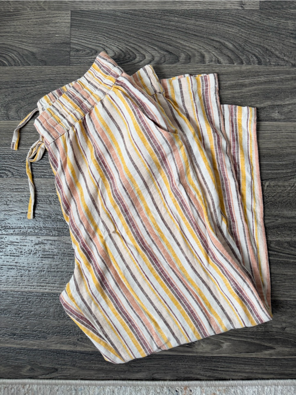 Denim & Co Naturals Striped Linen Flax Drawstring Summer Mustard Pants size L